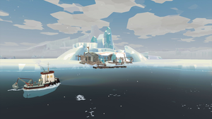 A boat approaching a frozen town in Dredge: The Pale Reach
