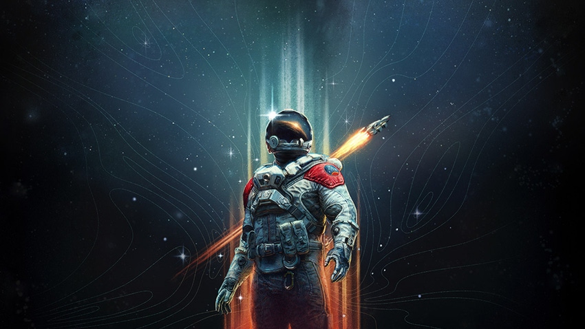 Key artwork for Starfield showing an astronaut flanked by a rocket hurtling towards the stars