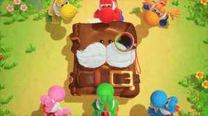 Yoshi and friends gathered around a mysterious book with a face and moustache Yoshi and friends gathered around a mysterious book with a face and moustache
