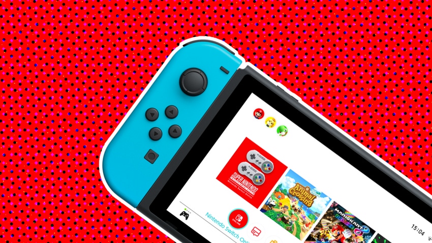 The Nintendo Switch on a stylised background