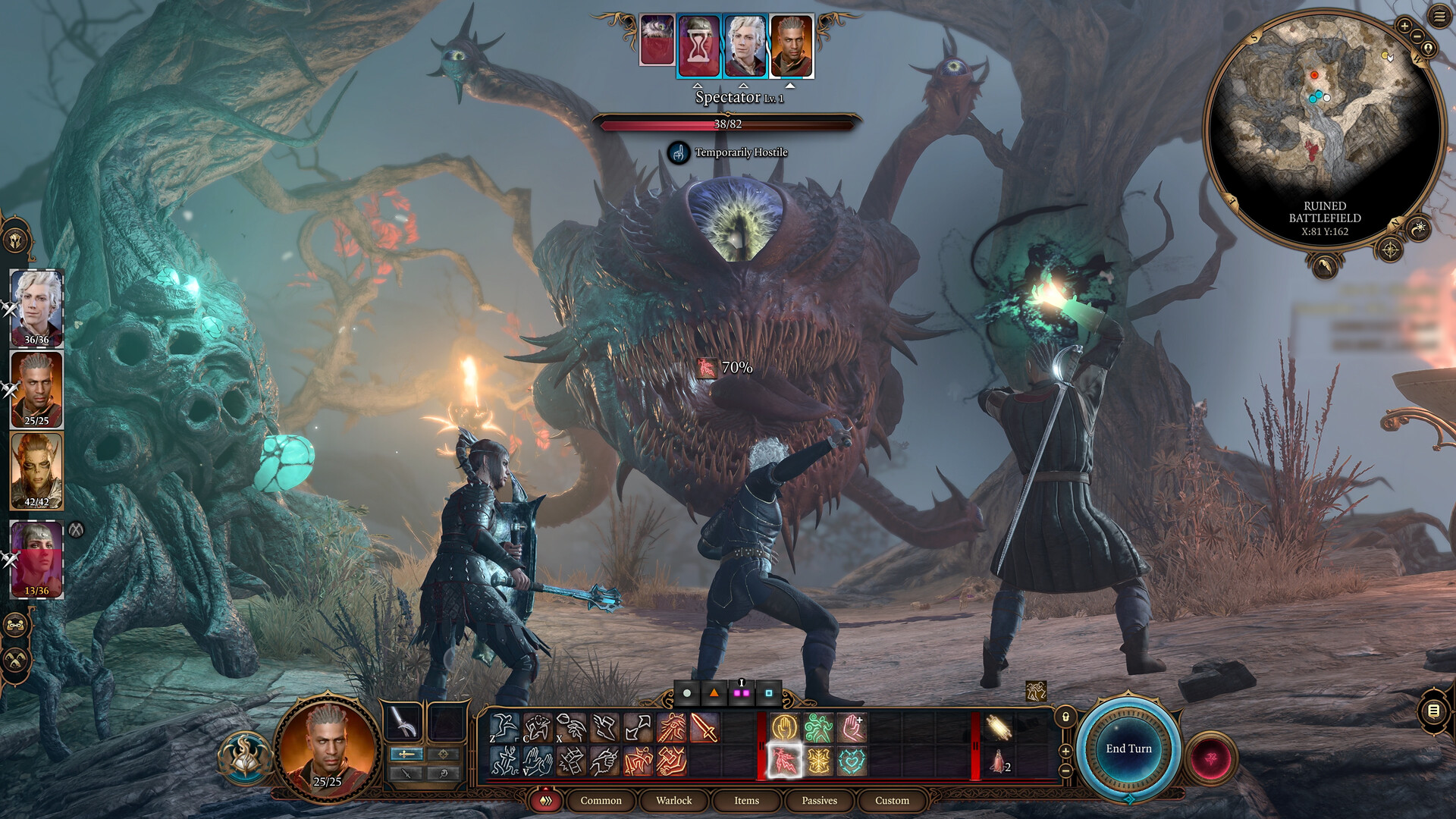 Three Baldur's Gate 3 Party Members face off against a giant one-eyed 