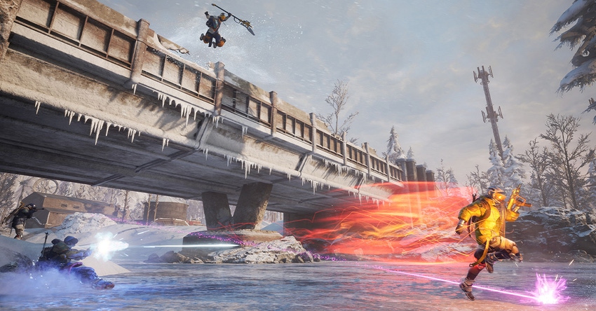 A screenshot from Scavengers. Three players persue a fourth player across a frozen river beneath a concrete bridge.