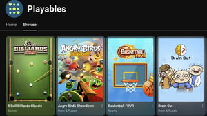Screenshot of YouTube Playables games such as Angry Birds Showdown and Brainout.