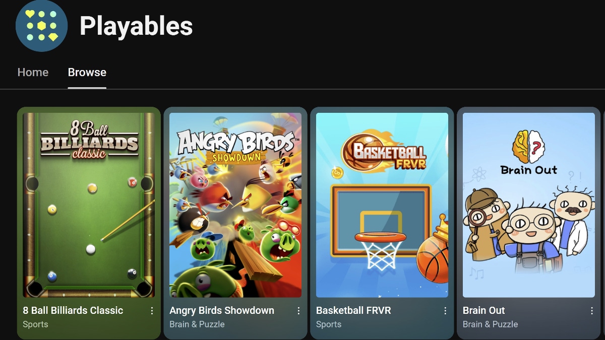 Screenshot of YouTube Playables games such as Angry Birds Showdown and Brainout. Screenshot of YouTube Playables games such as Angry Birds Showdown and Brainout.