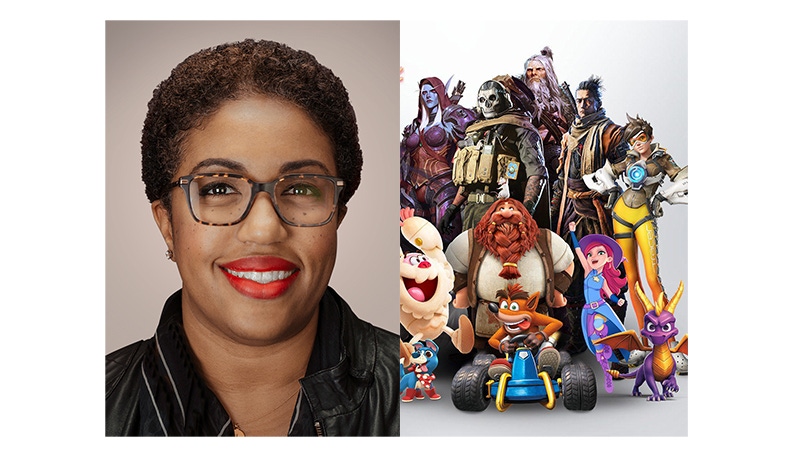 A photograph of Kristen Hines and characters from Activision Blizzard games A photograph of Kristen Hines and characters from Activision Blizzard games