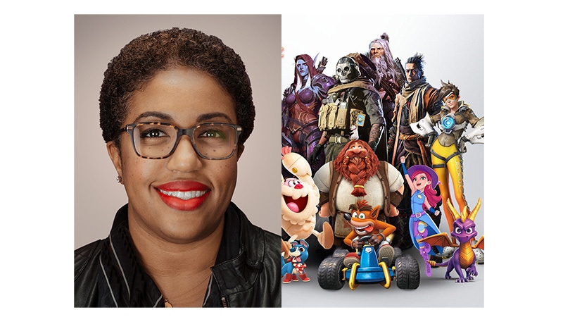 A photograph of Kristen Hines and characters from Activision Blizzard games