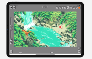 Pixquare pixel art scene featuring waterfall, rocks, deer