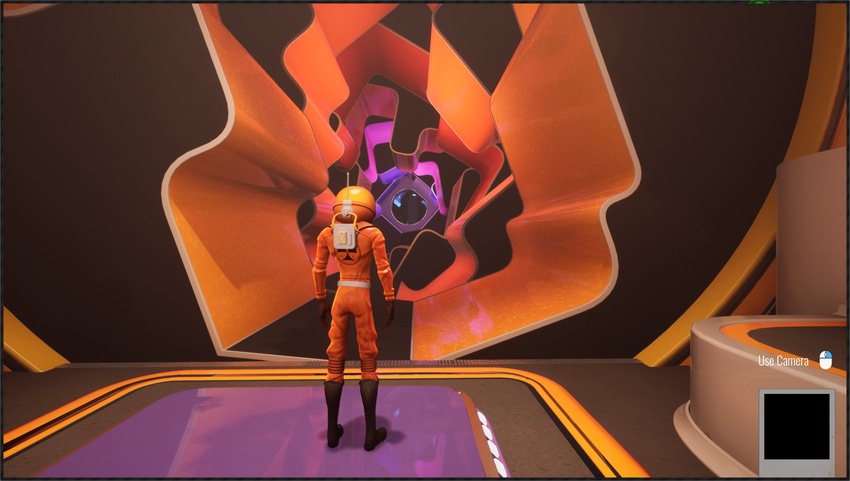 a person in an orange space suit stands before an array of twisting geometric shapes