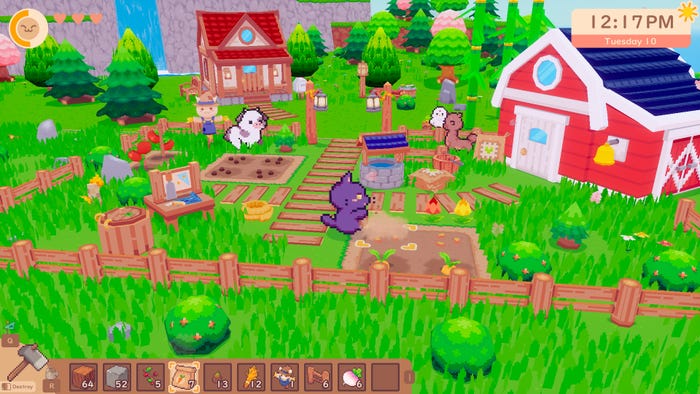 A screenshot of farming game Snacko showing cute animals performing farm chores in a bright 3D world.