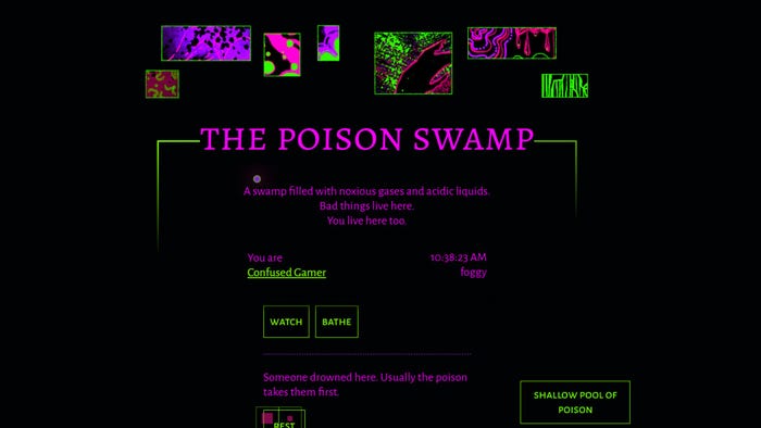 Text about a poison swamp just under some multicolored images of a swamp