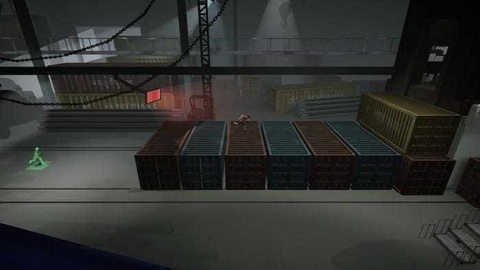 A character in a red shift runs across a pile of shipping containers.