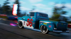A screenshot of Wreckreation, showing a blue truck going at full speed A screenshot of Wreckreation, showing a blue truck going at full speed