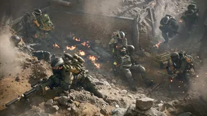 Soldiers in trenches fighting an intense battle Soldiers in trenches fighting an intense battle