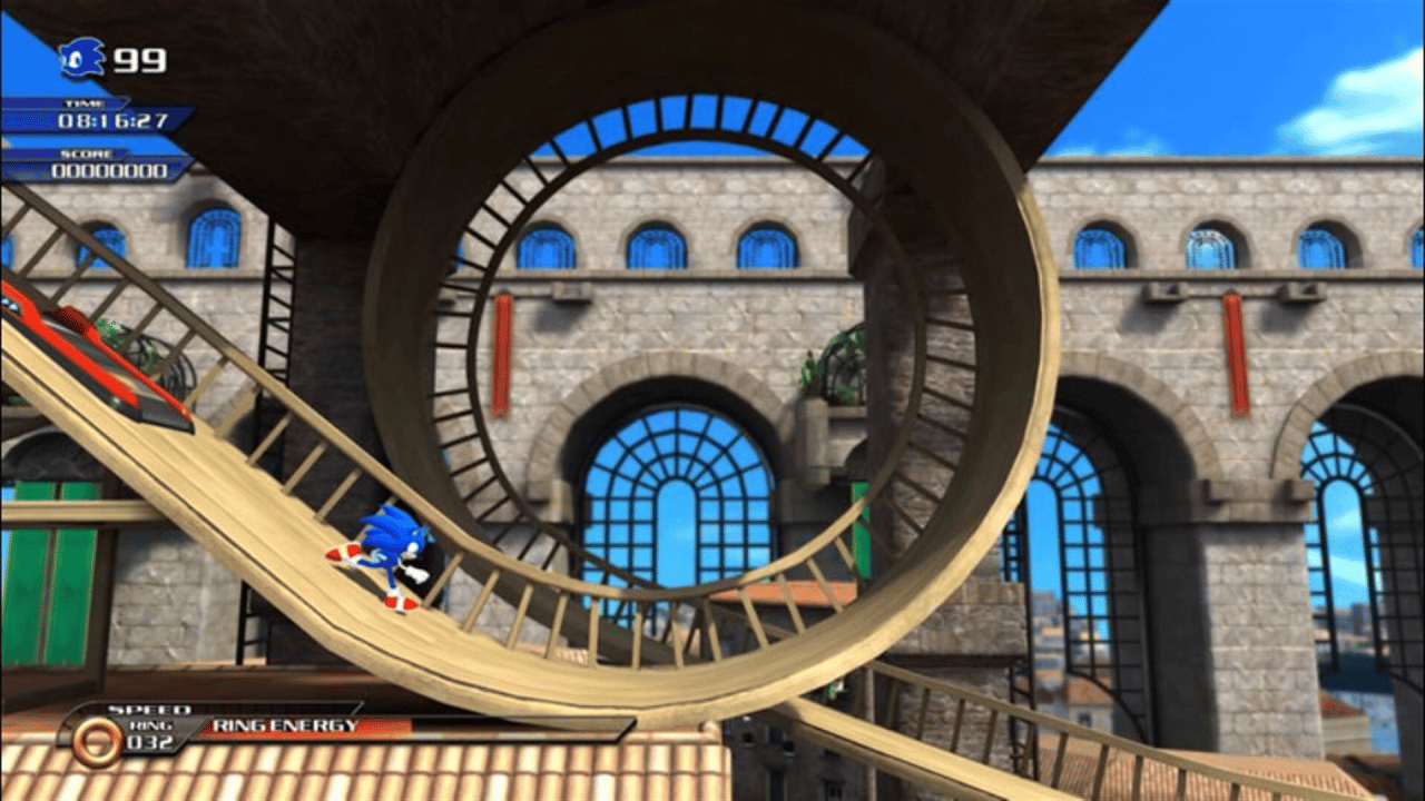 sonic runs on a loop de loop before a castle structure sonic runs on a loop de loop before a castle structure