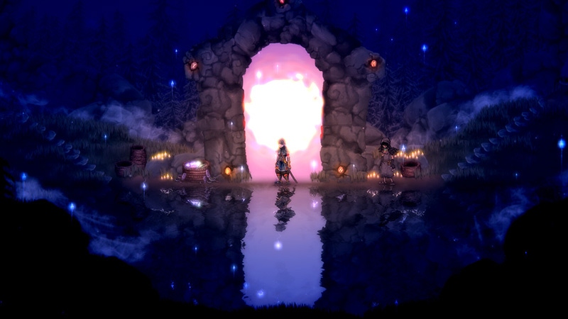 Two Salt and Sacrifice characters stand in shallow water before a large glowing door.