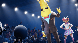 A Fortnite character (cartoon banana) wearing a suit A Fortnite character (cartoon banana) wearing a suit
