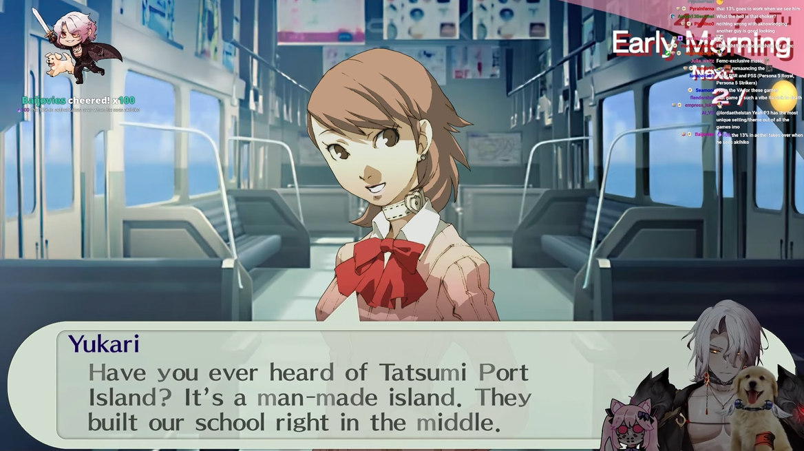 Lord Aethelstan plays Persona 3 Portable. A character looking at the camera says 