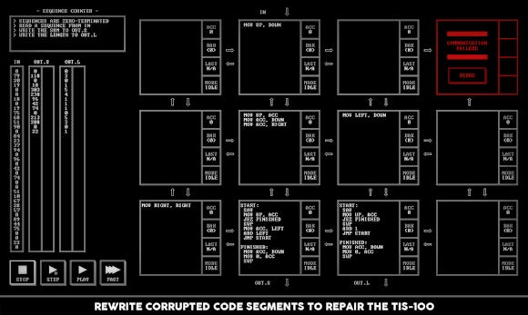  A screenshot from the game TIS-100 depicting a series of boxes with computer command prompts.