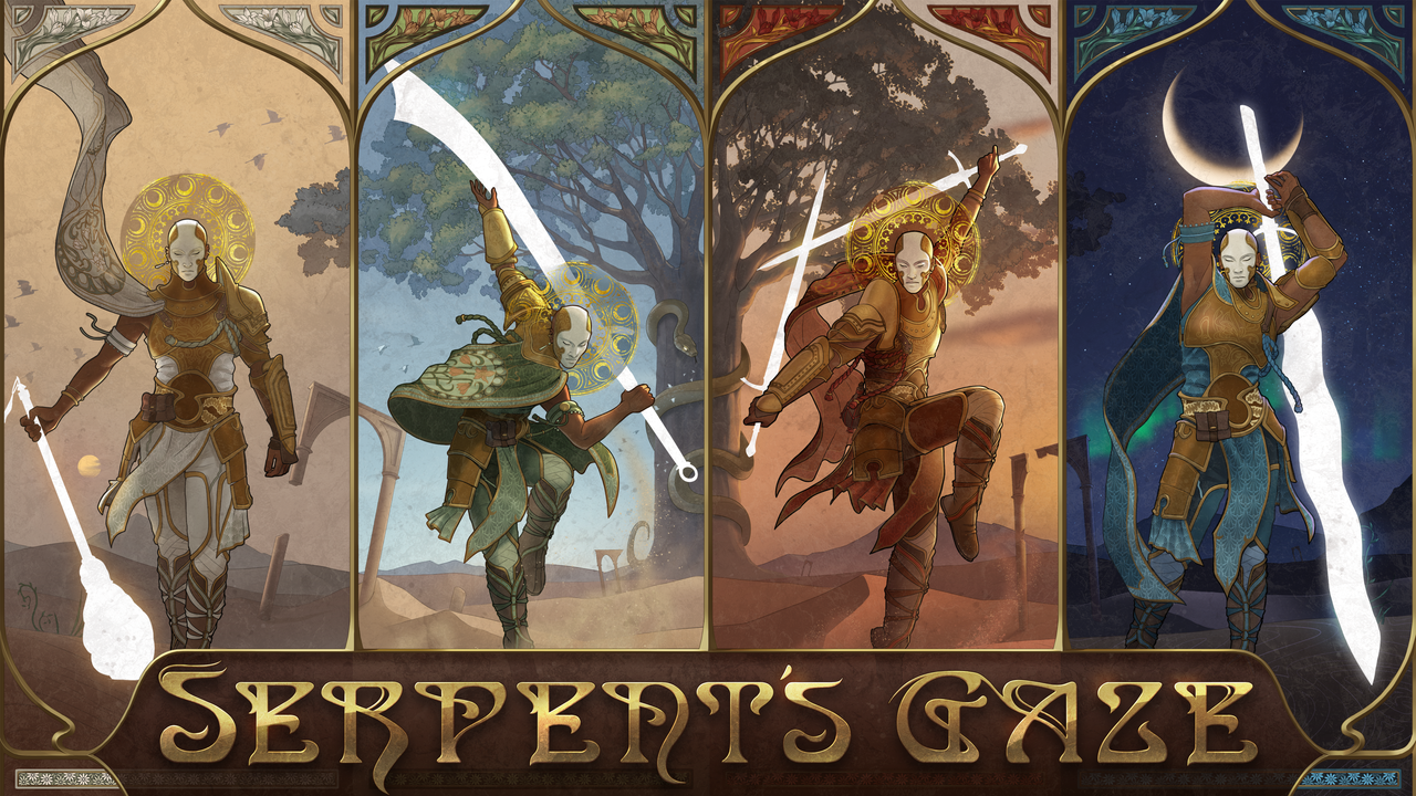 The key art of Serpent's Gaze featuring four Scions posing with weapons The key art of Serpent's Gaze featuring four Scions posing with weapons