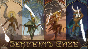 The key art of Serpent's Gaze featuring four Scions posing with weapons The key art of Serpent's Gaze featuring four Scions posing with weapons