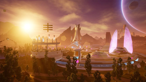 A screenshot from Everywhere showing towering structures and neon horizons