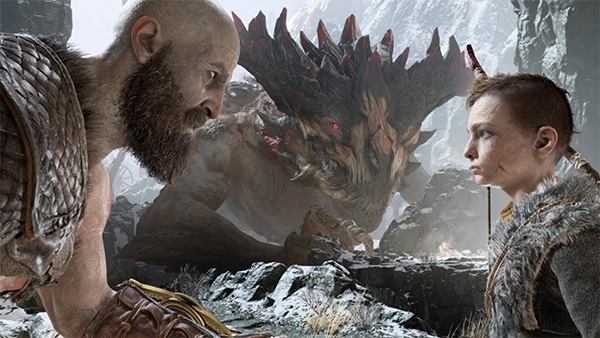 A screenshot from 2018's God of War. Kratos and Atreus converse in front of a dragon.