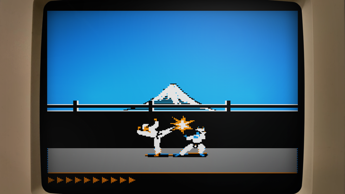 Karateka on Apple II, showing a character in a gi kicking another with a mountain backdrop