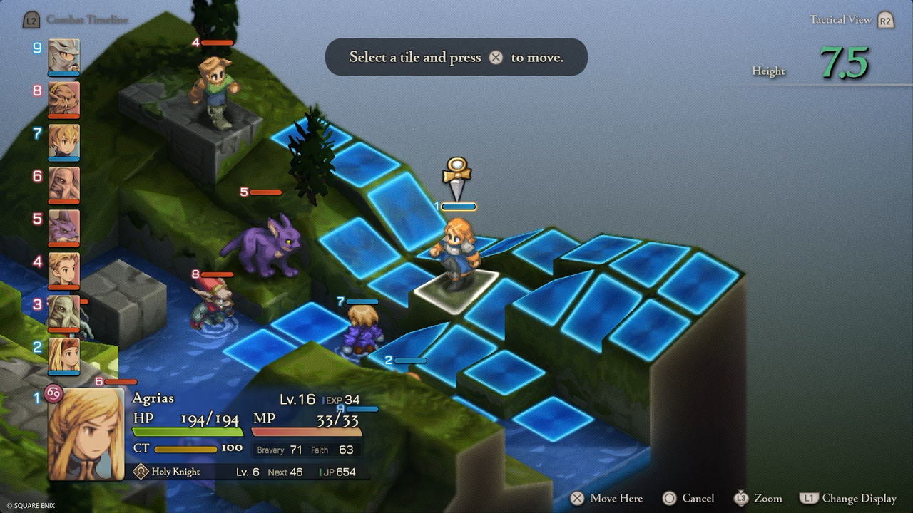A screenshot from Final Fantasy Tactics: Ivalice Chronicles. It shows a tile-based battle. A screenshot from Final Fantasy Tactics: Ivalice Chronicles. It shows a tile-based battle.