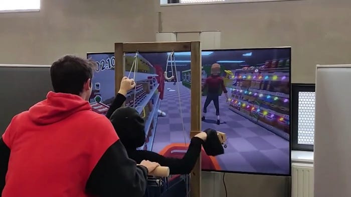 one player pushes a grocery cart as a second player grabs items