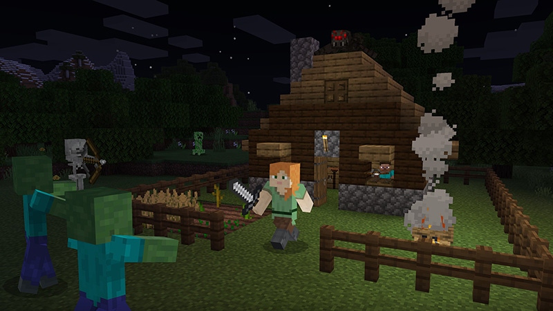 A screenshot from Minecraft. A player character defends a house from several Minecraft monsters.
