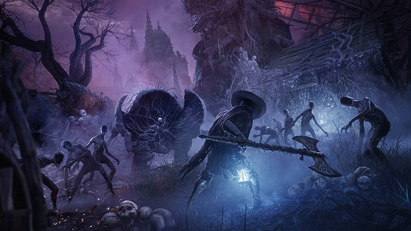 A player character from Lords of the Fallen stares down creatures in a dark fantasy world.
