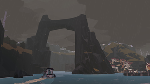 A screenshot from Dredge showing a boat entering a spooky passage