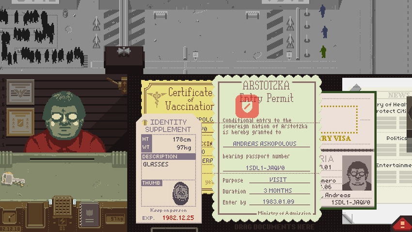 A screenshot from Papers, Please showing the protagonists desk at the immigration office