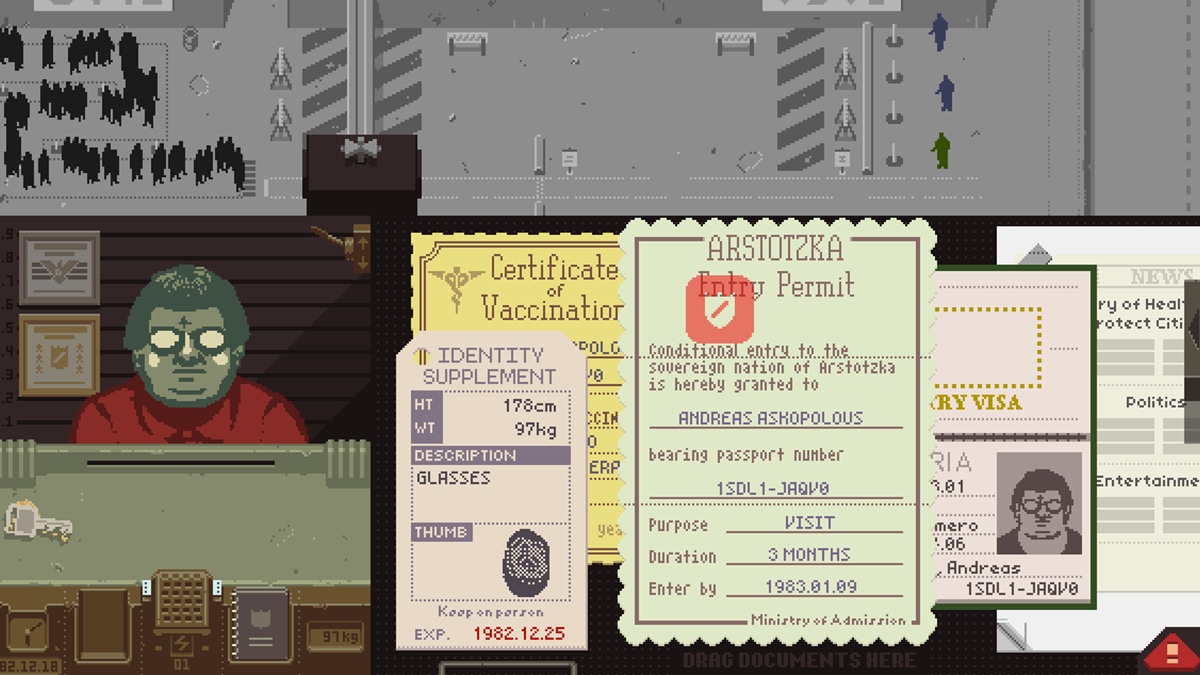 A screenshot from Papers, Please showing the protagonists desk at the immigration office A screenshot from Papers, Please showing the protagonists desk at the immigration office