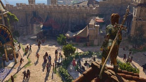 Baldur's Gate 3 character Lae'zel stands on a rooftop.