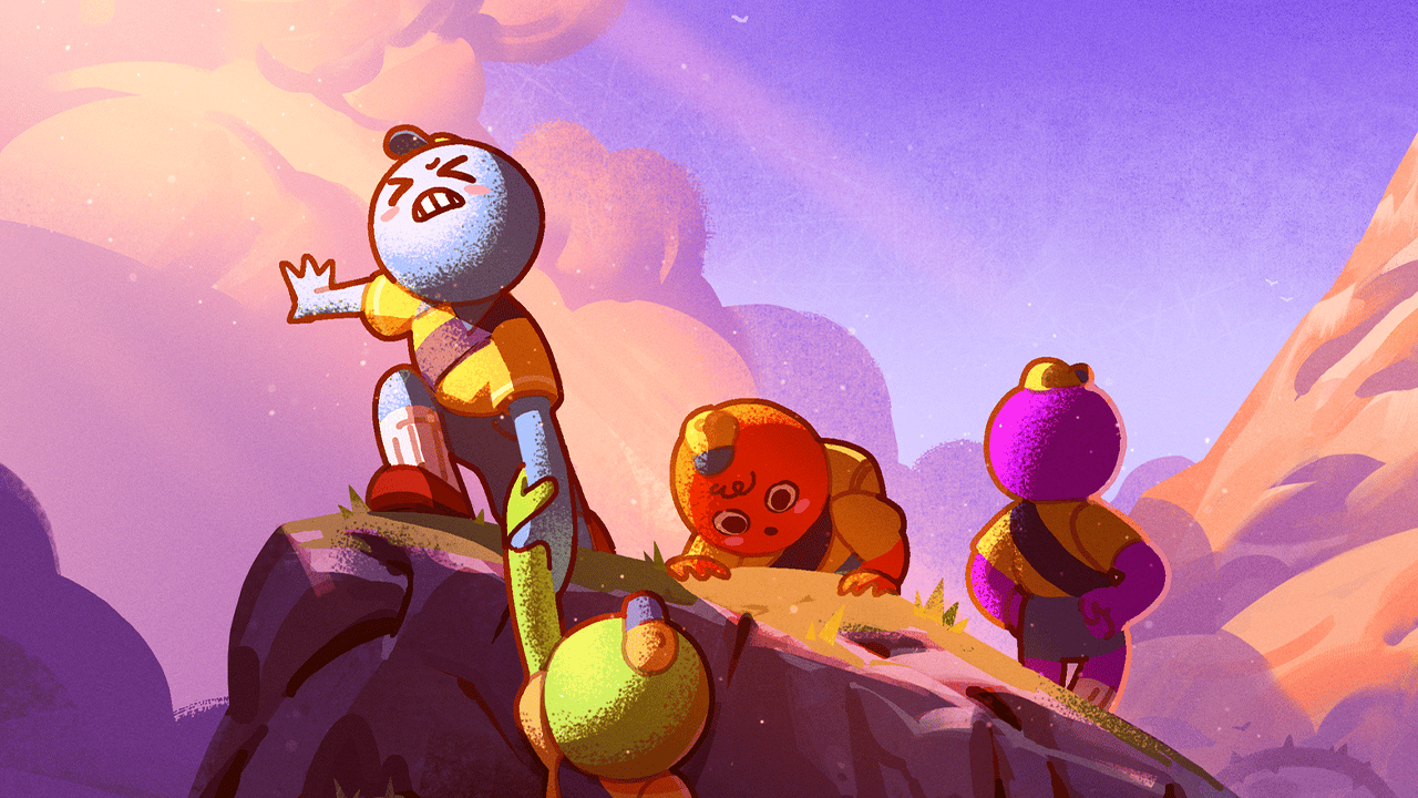 Artwork of four scouts attempting to climb a mountain in Peak Artwork of four scouts attempting to climb a mountain in Peak