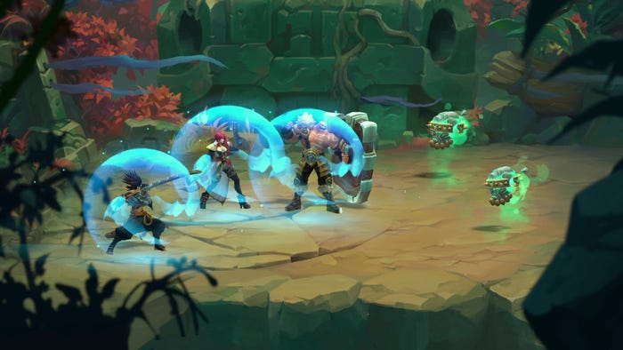 A screenshot from Ruined King: A League of Legends Story with shielded characters in battle