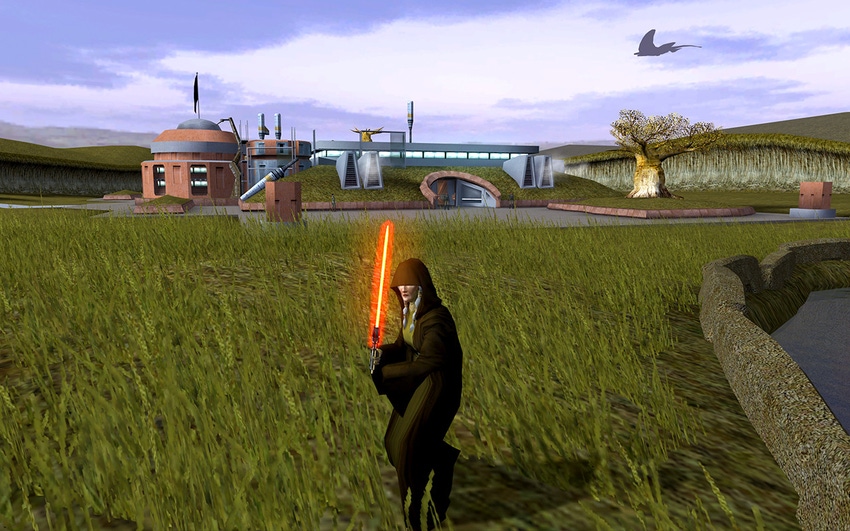 A lone jedi with a lightsaber in a green field