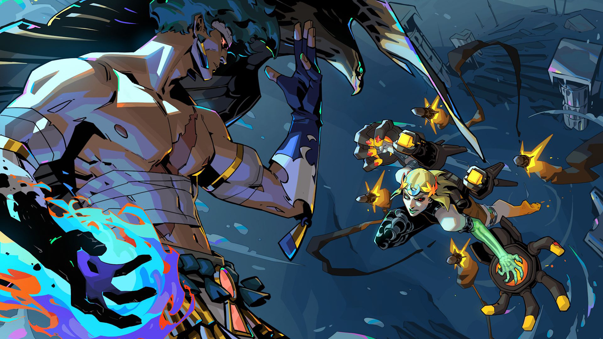 Melinoe charges at Prometheus with her mech suit