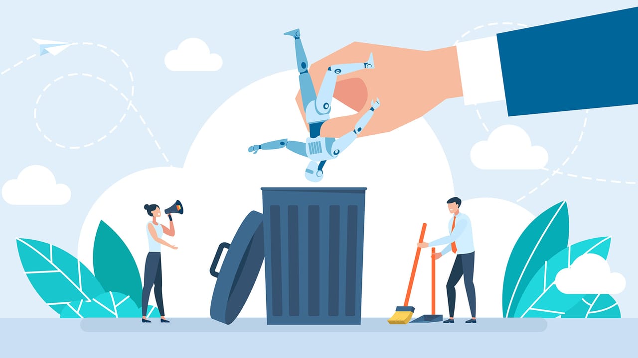 A large hand dumps a robot in a giant garbage bin. A man sweeping trash and a woman on a megaphone stand by it. A large hand dumps a robot in a giant garbage bin. A man sweeping trash and a woman on a megaphone stand by it.
