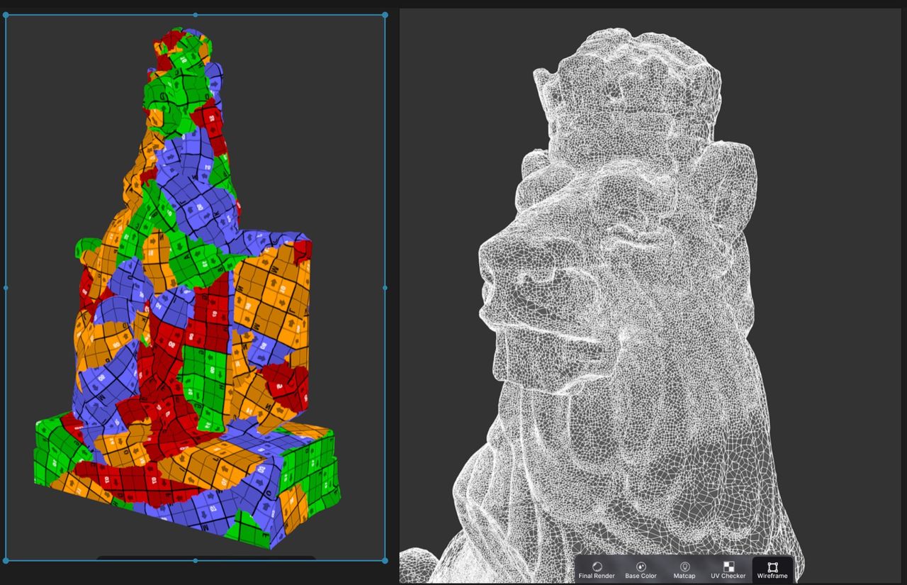 A close look at a 3D model of a lion statue with jumbled UV maps and a dense mesh. A close look at a 3D model of a lion statue with jumbled UV maps and a dense mesh.