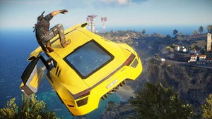 Just Cause 3 protagonist Rico Rodriguez prepares to jump off a flying sports car.