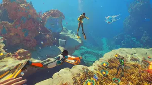 A screenshot of three players exploring the shallows in Subnautica 2 A screenshot of three players exploring the shallows in Subnautica 2