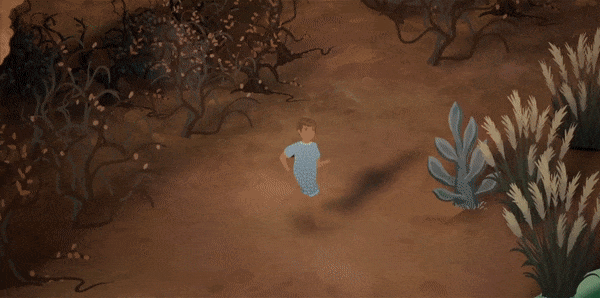 An animated GIF of a character jumping into the green water, with a trail of ripples following behind them.