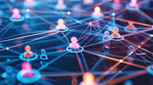 A colorful network of people is displayed in a blue background A colorful network of people is displayed in a blue background