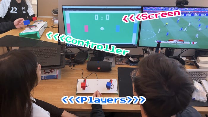 Fooscade showing players, screens, and controller