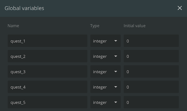 Screenshot from Arcweave's UI for managing the project's global variables. One column shows the variable's name, the second shows the type (here, integer), and the third column shows the variable's initial value.