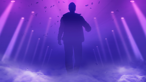 A giant humanoid figure traverses an etherial purple nebula A giant humanoid figure traverses an etherial purple nebula