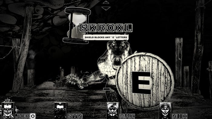 A crocodile creature advances forward, a massive letter E carved into its shield. A crocodile creature advances forward, a massive letter E carved into its shield.