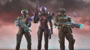 A screenshot showing three characters of Splitgate posing with their weapons A screenshot showing three characters of Splitgate posing with their weapons